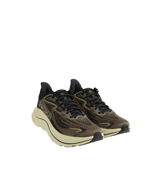 Image 2 of 5 - BROWN - HOKA Clifton 10 Sneaker featuring jacquard knit, reflective upper details, smooth MetaRocker, rearfoot-focused Active Foot Frame, CMEVA midsole, molded EVA sockliner and inherently durable abrasion rubber.