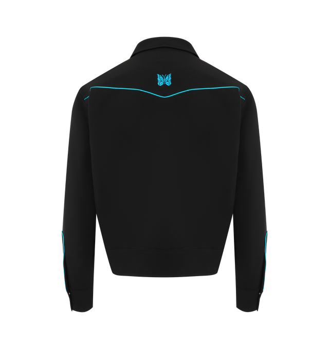 Image 2 of 3 - BLACK - NEEDLES Piping Cowboy Jacket featuring snap button closure, piping details at yoke and cuffs, embroidered logo at chest and rear and two side pockets. 89% polyester, 11% polyurethane. Made in Japan.