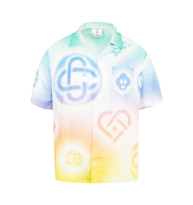 Image 1 of 2 - MULTI - CASABLANCA Halftone Logo Silk Shirt featuring graphic printed throughout, open spread collar, concealed button closure and short sleeves. 100% silk. Made in Italy.