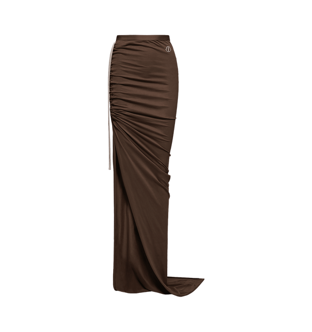 Image 1 of 1 - BROWN - RICK OWENS X MONCLER Cotton Adjustable Skirt featuring cotton jersey, drawstring fastening, front slit and embroidered logo patch. 100% cotton.Unisex style offered in Moncler sizing. For assistance selecting the best size from this collection please contact our dedicated stylist team at personalshopping@hirshleifers.com.