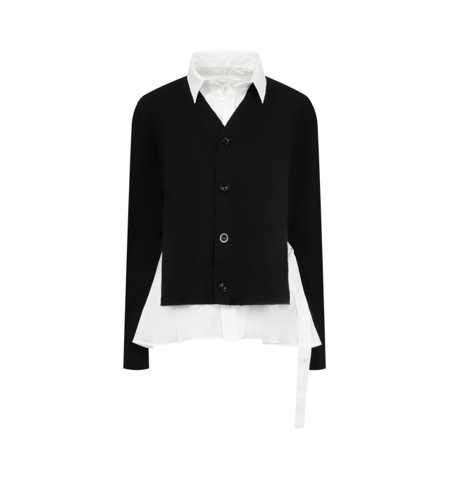 Image 1 of 2 - BLACK - SACAI Poplin Cotton Knit Cardigan featuring cotton poplin and knit cotton-blend cardigan, integrated shirt-and-cardigan-style construction, spread collar, button closure, patch pockets at front, layered hem, rib-knit cuffs, box pleat at back yoke and cinch strap at back waist. 100% cotton. 65% cotton, 35% polyester.