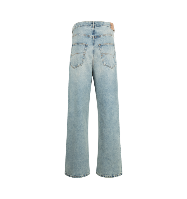 Image 2 of 3 - BLUE - BALENCIAGA Baggy Trousers featuring Japanese denim, mid-waist, covered button fly, 5 belt loops, 5 pockets, Balenciaga engraved flex buttons and Balenciaga garde-robe leather jacron at back. 100% cotton. Made in Japan.