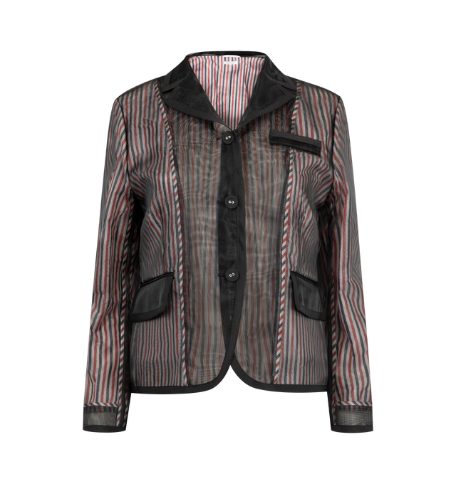 Image 1 of 3 - BLACK - THOM BROWNE Silk Organza Sportcoat featuring front button closure, 2 front flap pockets, single chest pocket, buttoned backstrap with signature striped grosgrain trim, visible tricolor stripe lining, interior pockets with name tag and signature striped grosgrain loop tab. 100% silk. 100% polyamide. Lining: 100% cupro. Made in Italy.