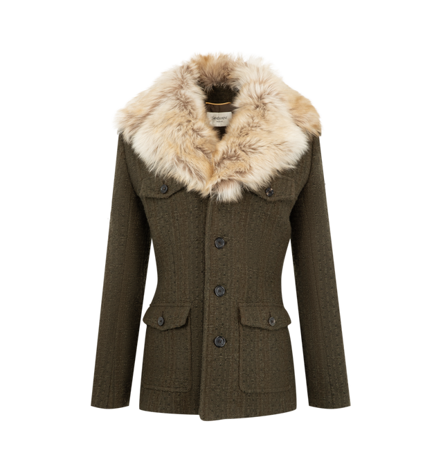 Image 1 of 2 - GREEN - Saint Laurent Womens Jacket is crafted from a wool blend with a lamb fur collar. Features a tailored silhouette, full silk lining, and luxurious fur trim. Main Material: 74% Wool, 26% Polyamide; Lining: 100% Silk; Collar: Lamb Fur. Made in Italy.