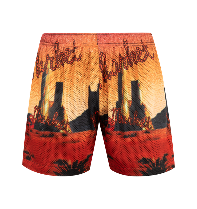 Image 1 of 3 - ORANGE - MARKET Desert League Shorts featuring mesh shorts in an all over desert illustration print, an elastic waistband with concealed drawstring, side slit pockets and back welt pocket. 100% polyester.