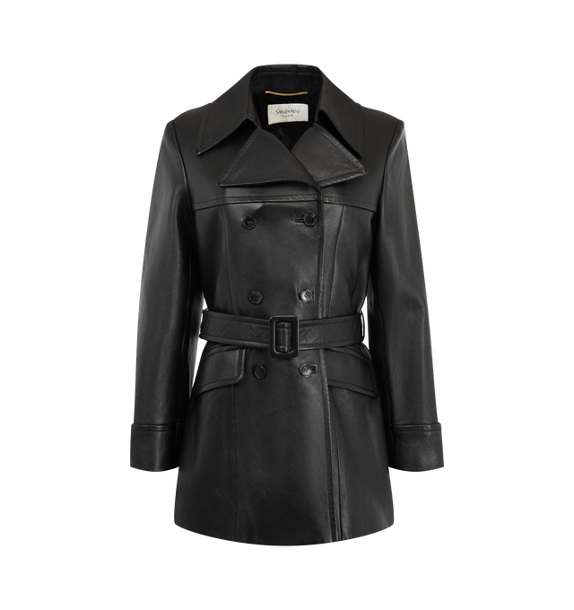 Image 1 of 3 - BLACK - Saint Laurent Womens Double-Breasted Jacket is crafted from lambskin leather. Features a double-breasted six-button closure, ulster collar, adjustable and detachable belt, two front flap pockets, one interior welt pocket, and an inverted box-pleat back vent. Main Material: 100% Lambskin; Lining: Cotton and Viscose. Made in Italy.