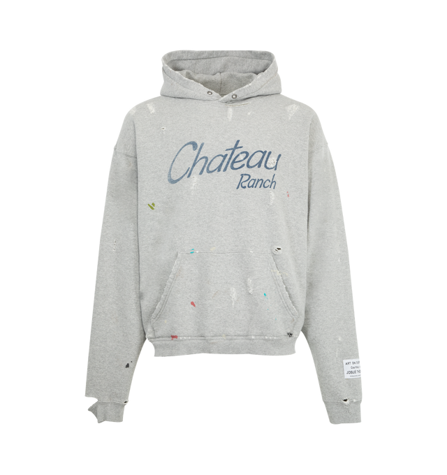 Image 1 of 3 - GREY - GALLERY DEPT. Chateau Ranch Hoodie featuring front pocket, fixed hood, logo on front, graphic on elbows and distressing and paint throughout. 100% cotton. Made in USA.