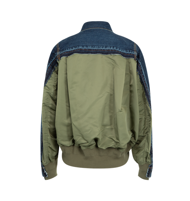 Image 2 of 3 - BLUE - SACAI Denim x Nylon Twill Jacket featuring spread collar, button closure, flap pockets at chest, tucks and welt pockets at front, partially rib-knit hem and cuffs, zip vent at side seams and utility pocket at sleeve. 100% cotton. 100% nylon. Made in Japan.