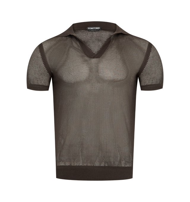 Image 1 of 2 - BROWN - TOM FORD Mesh Buttonless Polo featuring semi-sheer silk and cotton blend, mesh, 18-gauge, rib-knit spread collar, hem, and cuffs and open placket. 50% silk, 50% cotton. Made in Italy.