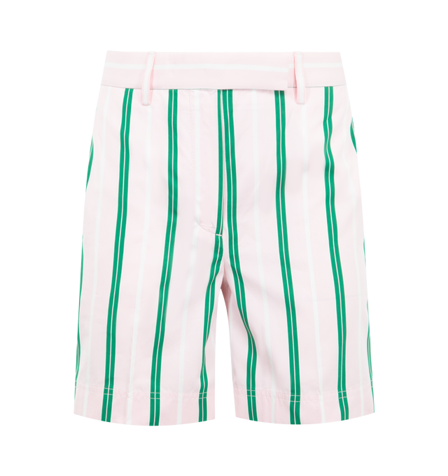 Image 1 of 3 - PINK - THOM BROWNE Repp Stripe Poplin Chino Shorts featuring tab closure with zip fly, slip hand pockets, buttoned back welt pockets, creased legs and signature striped grosgrain loop tab. 100% cotton. Made in Italy.
