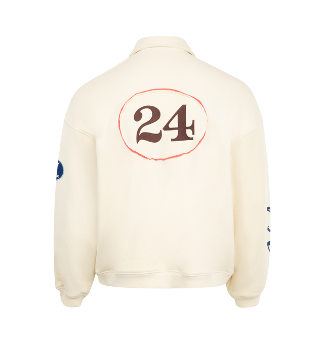 Image 2 of 4 - WHITE - NAHMIAS Polo Henley Shirt featuring long sleeves, half button collar, novelty patches at front chest and sleeves, logo embroidery on sleeve and ribbed cuffs and hem. 100% cotton.