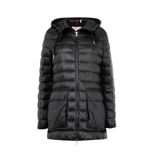 Image 1 of 3 - BLACK - MONCLER Jasmin Hooded Short Down Parka featuring signature embroidered logo patch on the left sleeve, adjustable drawstring hood, long sleeves with elastic cuffs, flap pockets with snap closures, classic fit and two-way zip-front. Nylon/polyamide. Fill: Down/feather. Lining: Polyester.