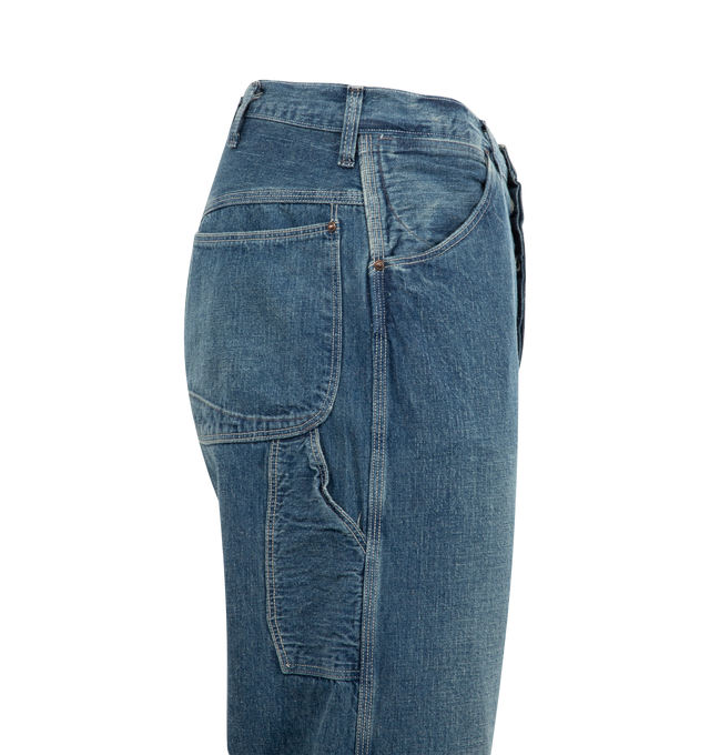 Image 3 of 3 - BLUE - ORSLOW Denim Painter Pants featuring zipper fly, utility pockets, triple needle stitch construction and leather patch. 100% cotton.