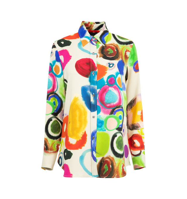 Image 1 of 2 - MULTI - LIBERTINE JH Gouache New Classic Shirt featuring classic fit, button closure, shirttail hem, long sleeves and printed throughout. 94% silk, 6% elastane. Made in USA.