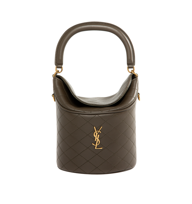 Image 1 of 3 - GREEN - SAINT LAURENT Gaby Top Handle Bucket Bag with flap top with magnetic closure, decorated with Cassandre and diamond-quilted overstitching. Features a rotating leather top handle and detachable leather and chain strap designed for shoulder or cross-body carry. Lambskin leather with bronze-tone hardware. Measures 7.5" X 6.7" X 5.9" with strap drop 22.8". Made in Italy.