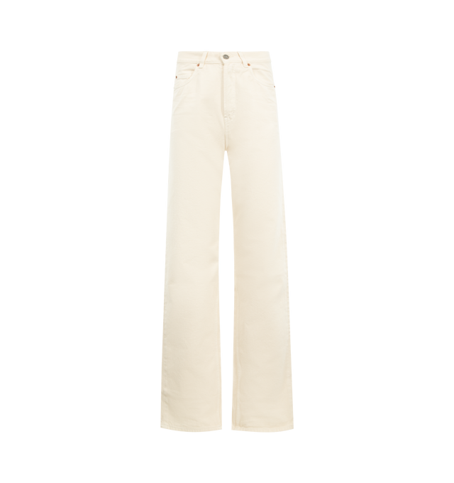 Image 1 of 3 - WHITE - SAINT LAURENT V-Waist Long Baggy Jeans featuring high waist, five pocket style, a long wide fit, v cut waistline, certified cotton, button closure with button fly, waistband with belt loops and saint laurent paris embossed leather jacron. 100% cotton. Made in Italy.