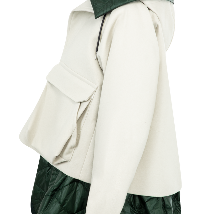 Image 3 of 3 - WHITE - SACAI Wool Melton Blouson featuring concealed front zipper, quilted under layer, front pockets with flap, hood with drawstring and layered look. 100% wool, 100% nylon, 100% polyester.