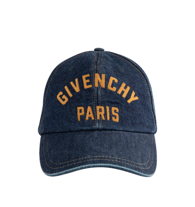 Image 1 of 2 - BLUE - GIVENCHY Curved Logo Cap in denim featuring curved brim, embroidered GIVENCHY signature, contrasting stitchings and tab with GIVENCHY-engraved metal buckle on the back. 100% cotton. Made in Italy.