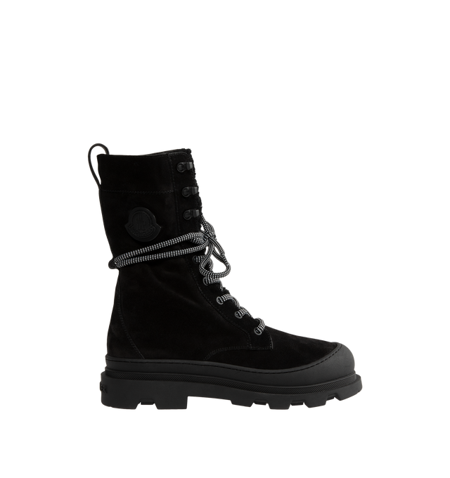 Image 1 of 4 - BLACK - Moncler Women's Vera High Suede & Shearling Lace-Up Boots are crafted from supple suede and long-haired lambskin, combining rugged cold-weather styling with lightweight comfort. Designed with a lace-up closure and a functional back loop that secures the laces while allowing the shaft to be styled structured or slouchy, these calf-height designer boots are finished with a comfortable leather insole and a rubberized TPU sole with micro-foam filler. Upper: Cow Suede and Long-Haired Lambs