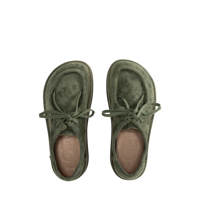 Image 4 of 4 - GREEN - LOEWE Faro lace-up in suede calfskin featuring a moc-toe construction and a bulky toe shape outlined by suede piping, flat cotton laces and a lightweight rubber sole. Calf suede. Made in Italy.
