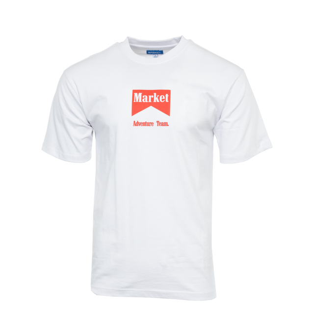 Image 1 of 4 - WHITE - MARKET Adventure Team T-Shirt featuring crewneck, short sleeves, printed branding on front and back and straight hem. 100% cotton.   