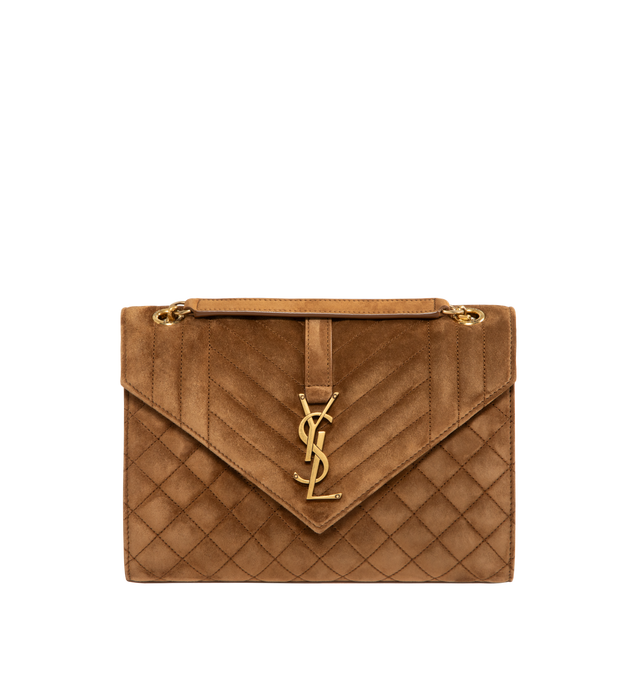 Image 1 of 4 - BROWN - Saint Laurent Leather Envelope Medium Chain Bag features a magnetic snap closure, one main compartment, one flat interior pocket, and one flat pocket at the back for additional storage. Dimensions: 9.4 X 6.8 X 2.3 inches. Main materials: Calfskin Leather, brass harware. Made in Italy.