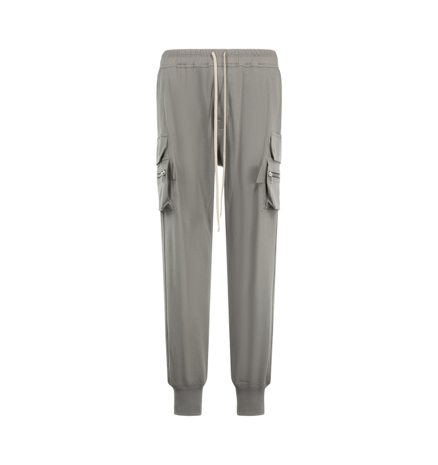 Image 1 of 3 - GREY - Rick Owens Mens Mastodon Cargo Pants are crafted from cotton poplin. Feature a slim fit, elasticized waistband with drawstring, side pockets, zip cargo pannier pockets with flaps and tabs, back flap pockets, and elasticized ankles. Main Material: 97% Cotton, 3% Elastane. Made in Italy.
