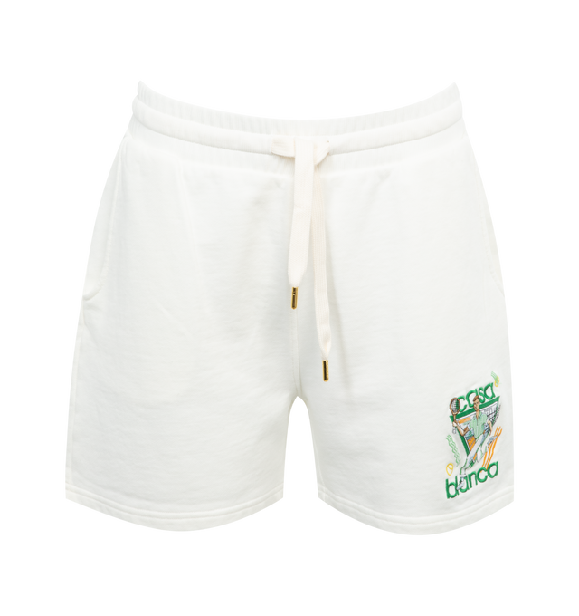 Image 1 of 3 - WHITE - CASABLANCA Le Jeu Embroidered Shorts featuring embroidered logo, embroidered motif, elasticated drawstring waistband, two side slash pockets, rear patch pocket, thigh-length amd french terry lining. 100% cotton.  