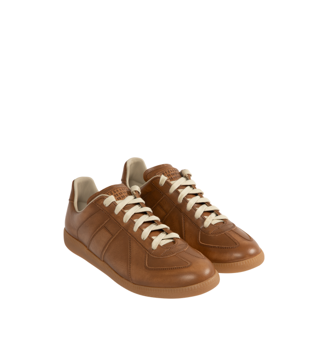 Image 2 of 5 - BROWN - MAISON MARGIELA Replica Sneaker featuring low-profile, rounded toe, lace up style, label with the "Replica" inscription on the tongue, smooth leather and rubber sole.