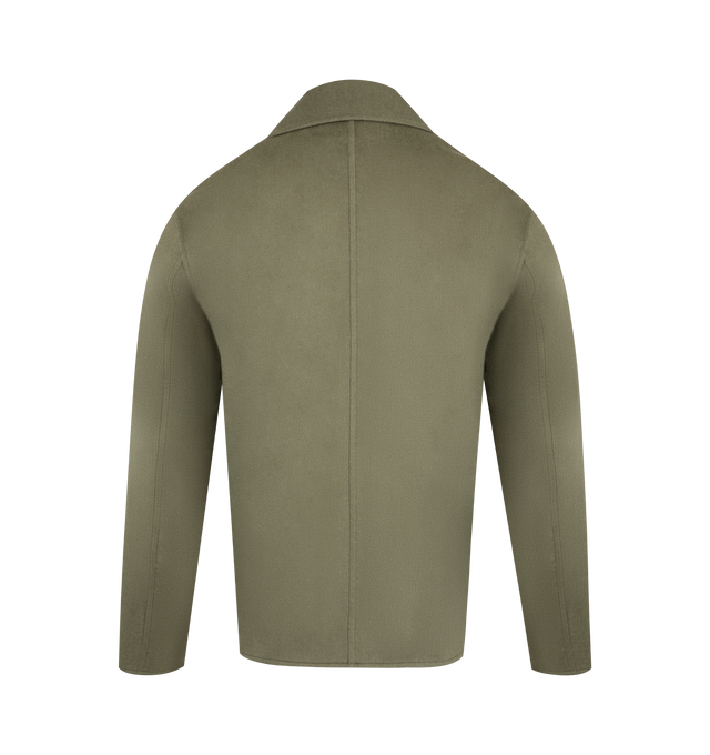 Image 2 of 3 - GREEN - Loewe Men's Workwear jacket crafted in double face wool cashmere. Regular fit, regular length featuring classical collar, LOEWE engraved horn buttons, button front fastening, two patch pockets, LOEWE engraved D-ring and LOEWE Anagram embossed leather patch pocket placed on the chest. Wool/Cashmere. Made in Italy.