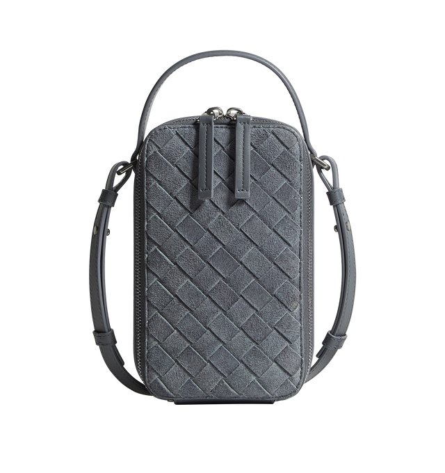 Image 1 of 4 - GREY - BOTTEGA VENETA Getaway Phone Pouch featuring intrecciato denim suede leather phone pouch, handle and adjustable cross-body strap, one main compartment, one flat inside pocket and zipper closure. Lambskin. Made in Italy.