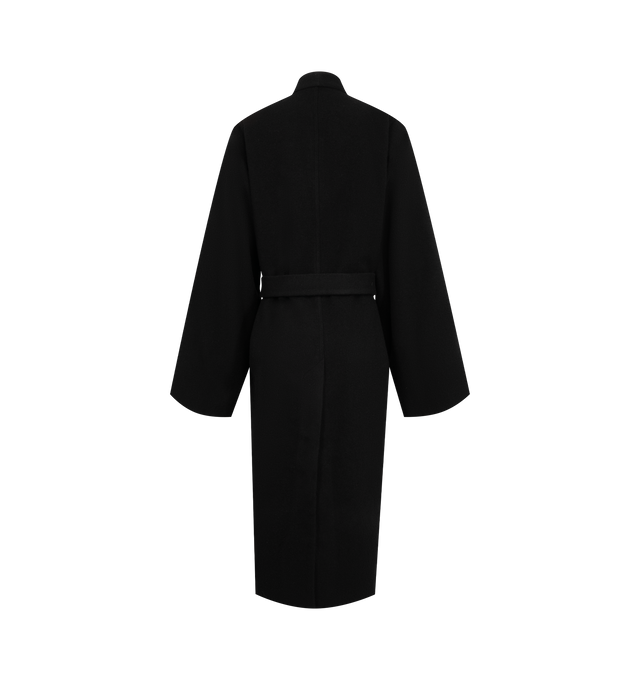 Image 4 of 4 - BLACK - Rick Owens Women's Dagger Robe is crafted from virgin wool and features a relaxed, draped silhouette with a deep cowl neckline. Designed with wide bell sleeves, a self-tie waist belt, two front pockets, and a midi-length hem for an elegant, fluid shape. Main Material: 100% Virgin Wool.
