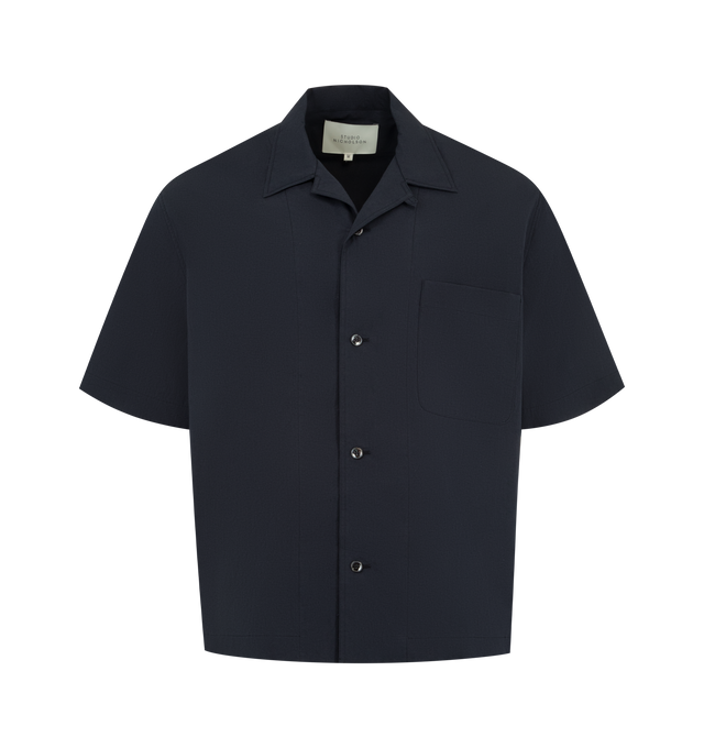 Image 1 of 2 - BLUE - STUDIO NICHOLSON Agios Shirt featuring short sleeves, chest patch pocket, straight hem, spread collar and button front closure. 100% cotton. Made in Japan.