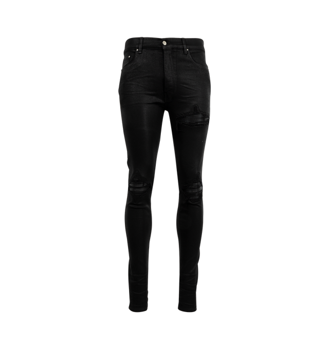 Image 1 of 3 - BLACK - AMIRI Wax MX1 Jeans featuring stretch denim, belt loops, five-pocket styling, button-fly, hand-distressed detailing at front, quilted leather patched at front, leather logo patch at back waistband, logo plaque at back pocket and logo-engraved silver-tone hardware. 92% cotton, 6% elastomultiester, 2% elastane. Made in United States.