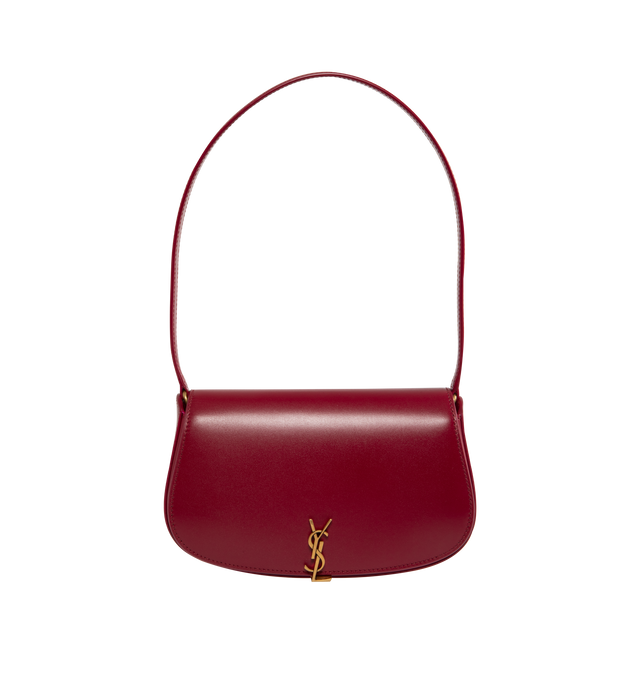 Image 1 of 3 - RED - SAINT LAURENT Mini Voltaire half-moon shoulder bag in calfskin with gently polished finish. Features a flap with magnetic Cassandre hinge closure and one flat interior pocket. Calfskin leather with leather lining and bronze-tone hardware. Made in Italy. Measures 8.3" X 4.3" X 1.8" with 9.4" strap drop.