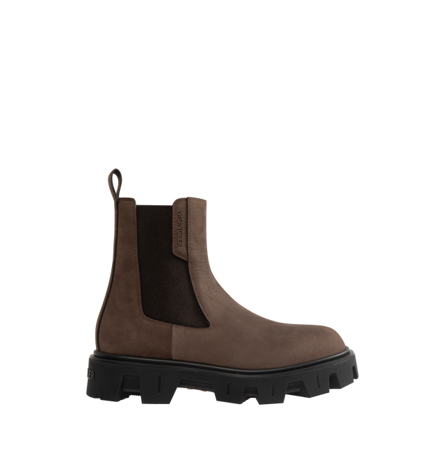 Image 1 of 4 - BROWN - MONCLER Peak City Nubuck Chelsea Boots featuring nubuck upper, leather insole, side elastic inserts, rubberized TPU sole and EVA midsole. Calf height 22 cm. Sole height 4 cm. 70% polyester, 30% elastodiene. Upper: cow. Made in Italy.