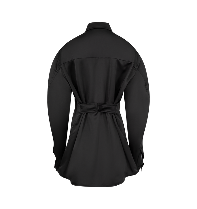 Image 2 of 3 - BLACK - Moncler x EE72 by Edward Enninful Satin Shirt featuring technical polyester satin, nylon laqu yoke lining, shirt collar, button closure, adjustable back band with snap button closure, adjustable cuffs and logo patch. 100% polyester. Made in Hungary.