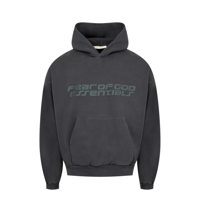 Image 1 of 2 - BLACK - FEAR OF GOD ESSENTIALS Heavy Fleece 90s Hoodie featuring 520gsm heavy fleece treated with a pigment dye, an oversized 90s-inspired silhouette, exaggerated proportions with dropped shoulders for a relaxed drape, HD-printed graphic logo on the front and 26 on the back, kangaroo pocket, rib-knit cuffs, waist-hem and a Fear of God Essentials rubberized label stitched on the hood. 100% cotton.