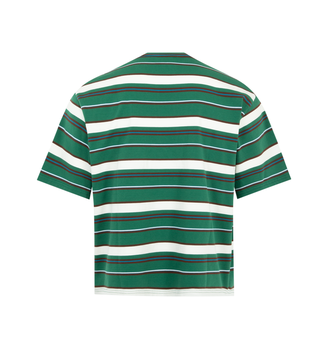 Image 2 of 2 - GREEN - LE PERE Striped Tommy Tee featuring classic boxy t-shirt with dropped shoulders in a multi stripe fabric, cursive logo at the chest, crew neck and short sleeves. 100% cotton. Made in Portugal.