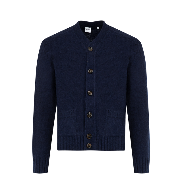 Image 1 of 2 - NAVY - ASPESI Shetland Wool Cardigan featuring brushed pure Shetland wool, two welt pockets, front button fastening and regular fit. 100% wool.