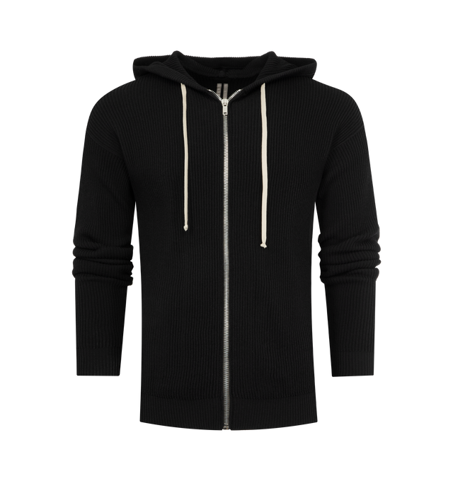 Image 1 of 2 - BLACK - RICK OWENS Zip-Up Hoodie featuring hood with elongated drawstrings, zip front and ribbed trim. 100% cotton. Made in Italy.