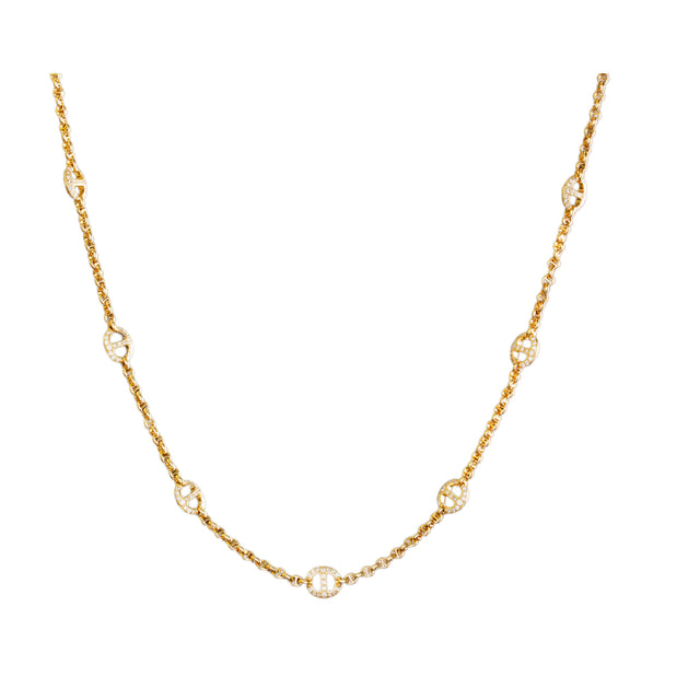 Image 1 of 1 - GOLD - Hoorsenbuhs Diamond by the Yard Necklace is crafted from 18K yellow gold and features a 16" Micro Open-Link chain with seven 10 mm white diamond stations and the brands signature tri-link loop and toggle closure. Length: 16". For personal consultation and detailed information about jewelry, please contact our dedicated stylist team at personalshopping@hirshleifers.com.This item may be restricted for online purchase to international clients. For assistance purchasing this item please