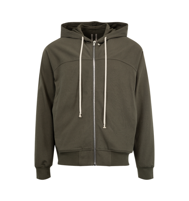 Image 1 of 3 - GREEN - RICK OWENS Windbreaker Hoodie featuring a paneled design, drawstrings at the hood, patch pockets at the waist, front zip closure and elasticized cuffs and hem. 100% cotton. Made in Italy.