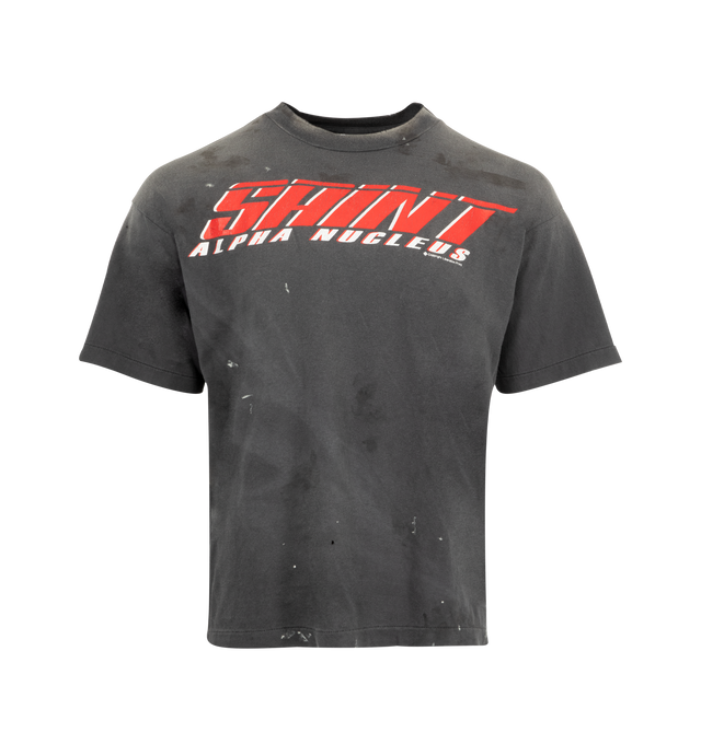 Image 1 of 2 - BLACK - SAINT MICHAEL Saint Alpha T-shirt featuring a worn-in and distressed design, ribbed crewneck, short sleeves and front graphic print. 100% cotton. Made in Japan.
