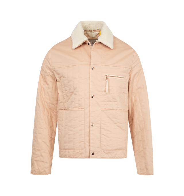 Image 1 of 4 - PINK - Moncler x Gilga Farm Designed by Donald Glover Kishus Padded Shirt Jacket featuring stretch cotton gabardine, longue saison lining, padded, detachable knit collar, snap button closure, patch pockets, chest pocket with zipper closure and logo patch. 74% cotton, 24% lyocell, 2% elastane/spandex. Lining: 100% polyamide/nylon. Collar: 100% virgin wool. Padding: 100% polyester. Made in Romania.