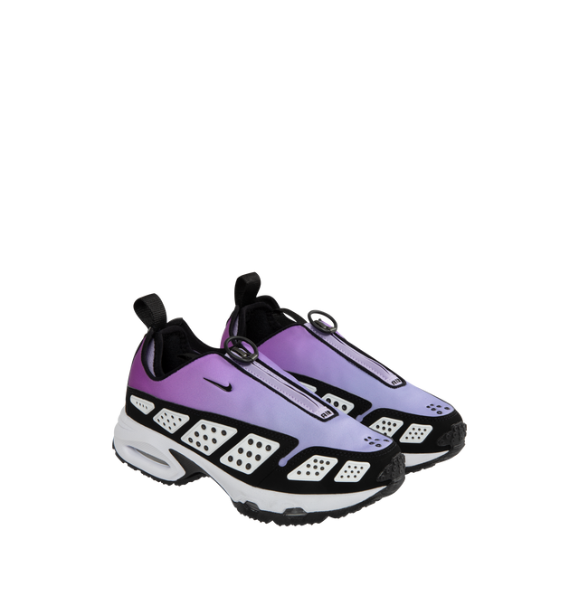 Image 2 of 5 - PURPLE - NIKE Air Max SNDR Sneaker featuring Max Air cushioning bubblem, zip-off shroud reveals the number 6453; which spells NIKE on phone keyboards, removable insole, lace-up style, visible Max Air unit in the heel provides clear Air-Sole cushioning, reflective details enhance visibility in low light or at night, synthetic and textile upper and lining/rubber sole.
