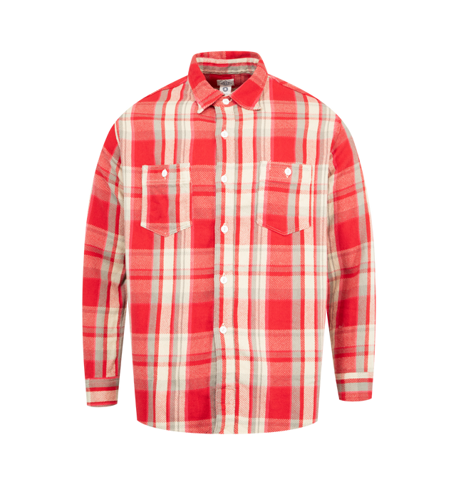 Image 1 of 2 - RED - POST O'ALLS St. Louis Cotton Flannel Shirt featuring a chin strap at the neck, a pen slot on the left chest, gussets at both sides of the hem, plaid print, button closure, long sleeves and two chest patch pockets with buttons. 100% cotton. Made in Japan.