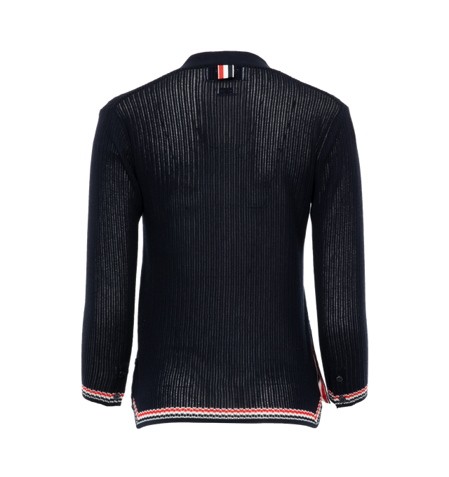 Image 2 of 3 - NAVY - THOM BROWNE Pointelle Stitch Cardigan featuring v-neck, front button closure  with striped grosgrain placket, stripe detailing on cuffs and hem and signature striped grosgrain loop tab. 70% cotton, 30% silk. 