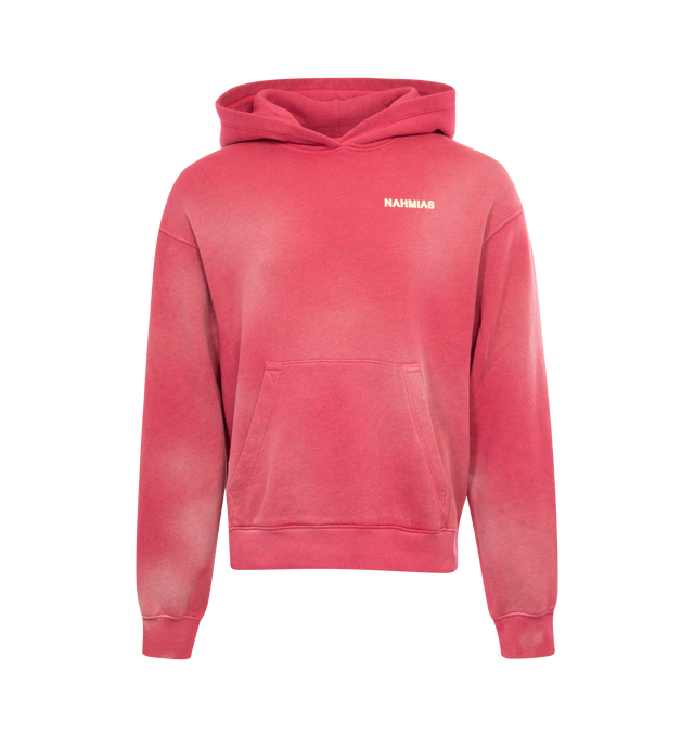 Image 1 of 2 - RED - NAHMIAS Queen of the Coast Hoodie featuring hood, dropped shoulders, logo print at front and back, pouch pocket, printed back, ribbed trims, washed finish and slips on. 100% cotton. 