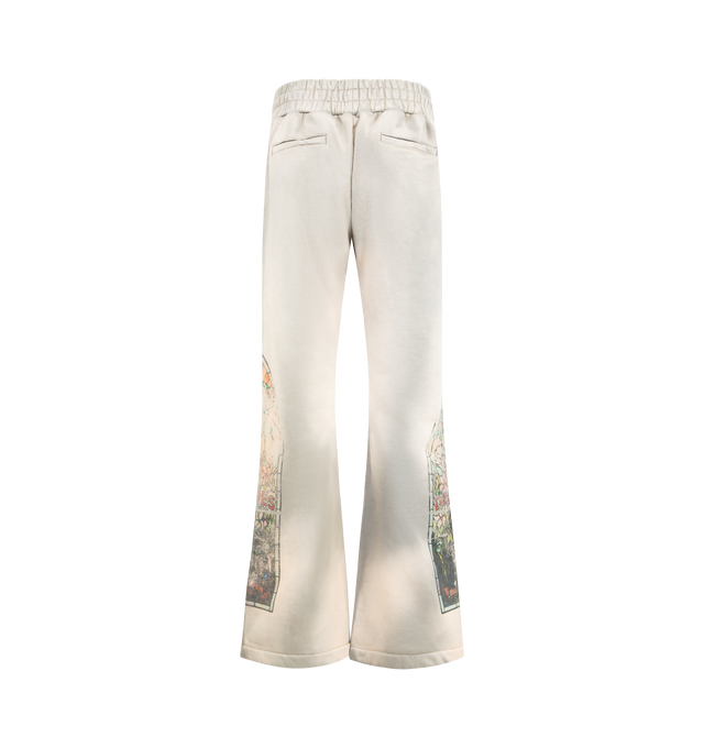Image 2 of 4 - GREY - WHO DECIDES WAR Faded Sweatpant featuring relaxed fit, faded graphic in chapel window pattern, flared legs, two back pockets and elasticated drawstring waistband. 100% cotton.